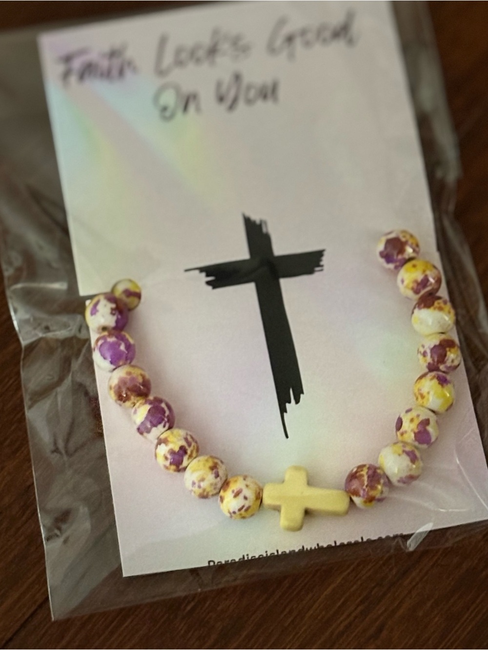 Faith Beaded Cross Bracelet in Purple & Yellow - Stretch Bracelet